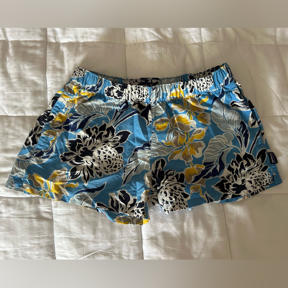 Barely Baggies - Patagonia Blue Floral Elastic-Waist Shorts with Yellow Accents